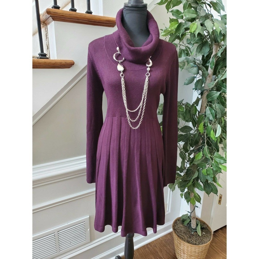 Calvin Klein Women Purple 100% Acrylic Long Sleeve Turtle Neck Knee Length Dress